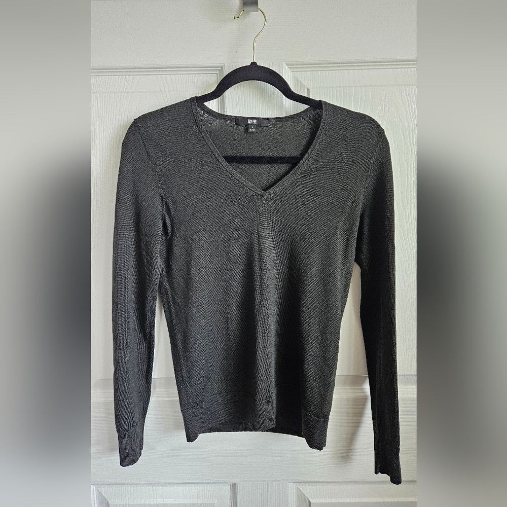 Dark Green Uniqlo V-Neck Merino Sweater